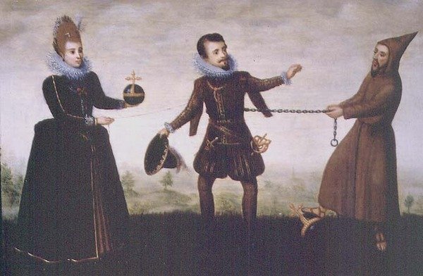 Satire på erkehertugen Albert den fromme som ga avkall på sitt erkebispedømme i Toledo for å gifte seg med Infanta Isabella Clara Eugenia i 1598 av Adriaen van de (workshop of) Venne