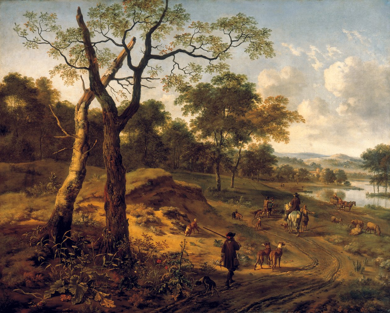 Skogkledd kveldslandskap med en jeger og hunder av Adriaen van de Velda