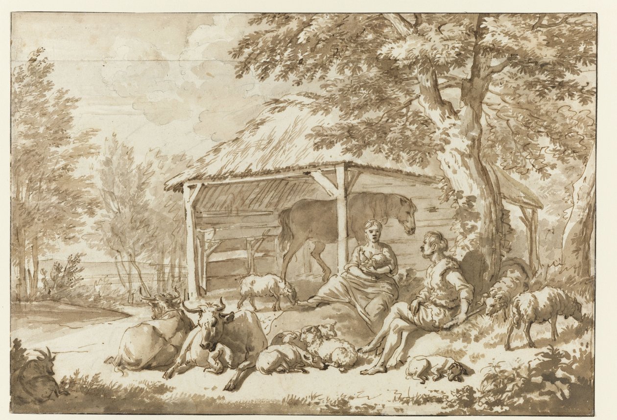 Et gjeterpar med storfe i nærheten av et skur Herdersidylle av Adriaen van de Velde