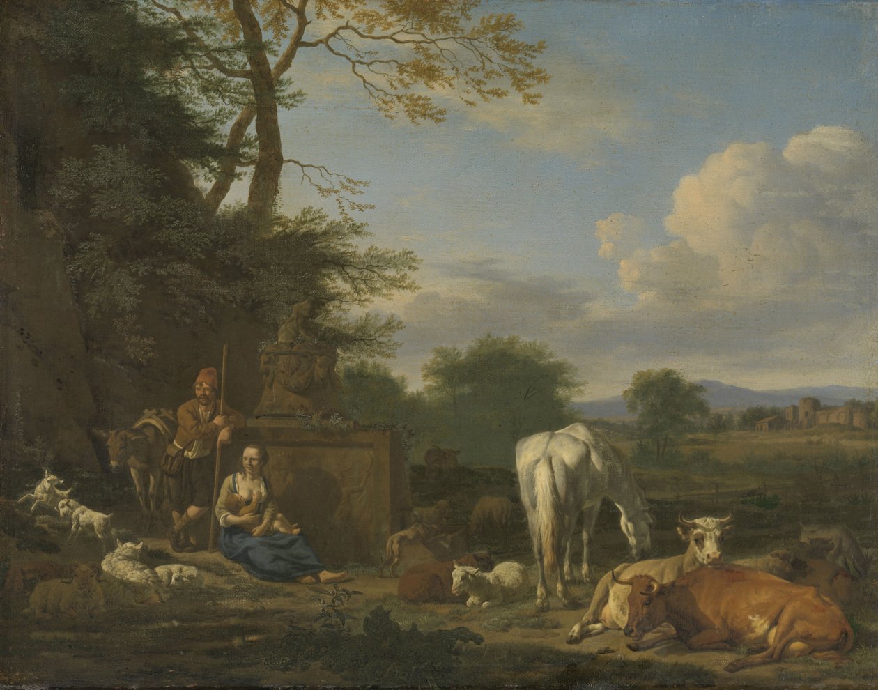 Arkadisk landskap med hvilende hyrder og dyr, 1664 (olje på lerret på panel) av Adriaen van de Velde
