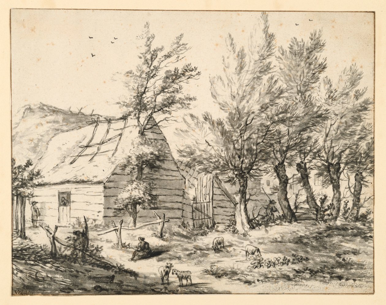 Gård bak en rekke styvede viertrær av Adriaen van de Velde