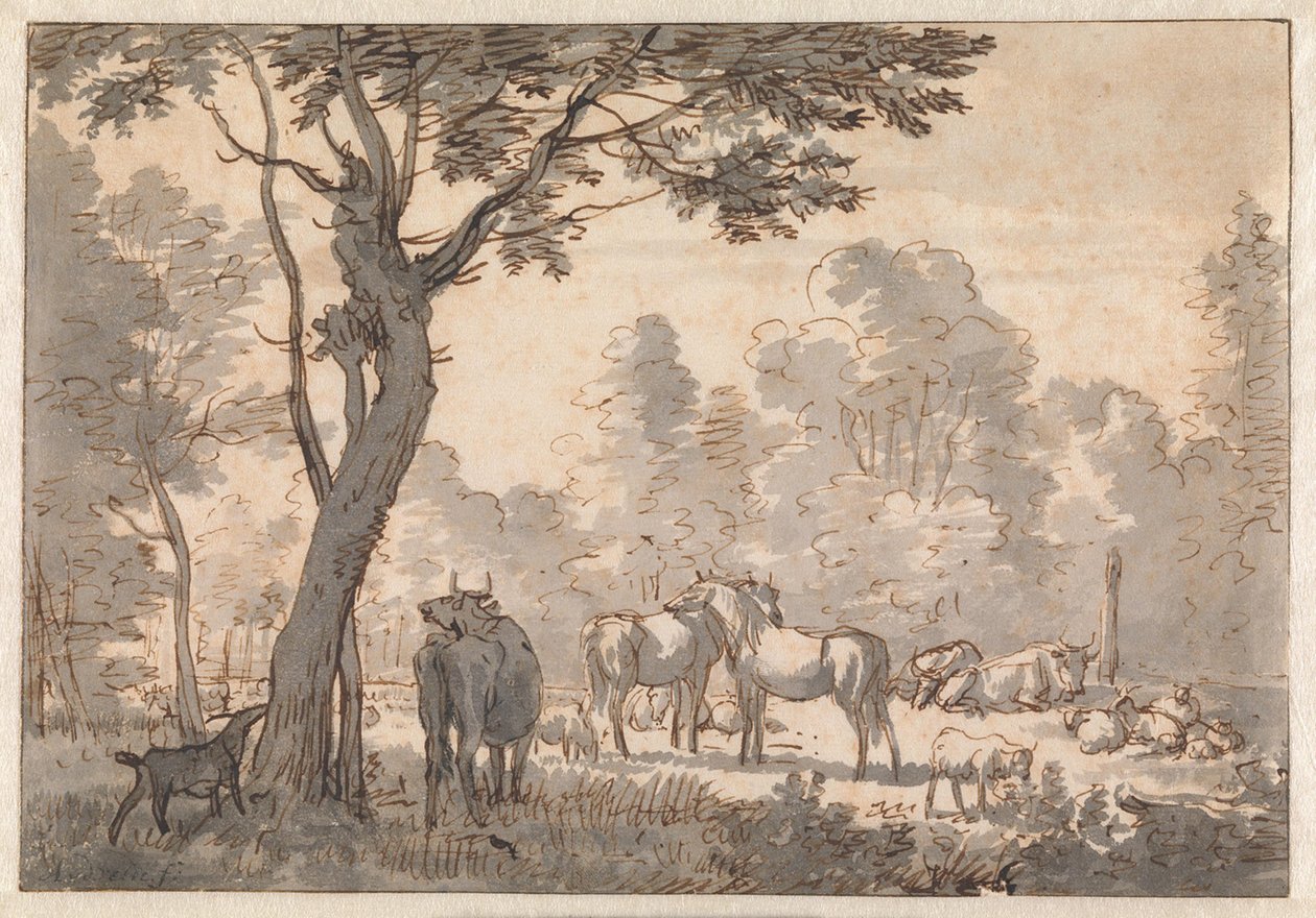 Tredekket landskap med hester, kyr og geiter av Adriaen van de Velde