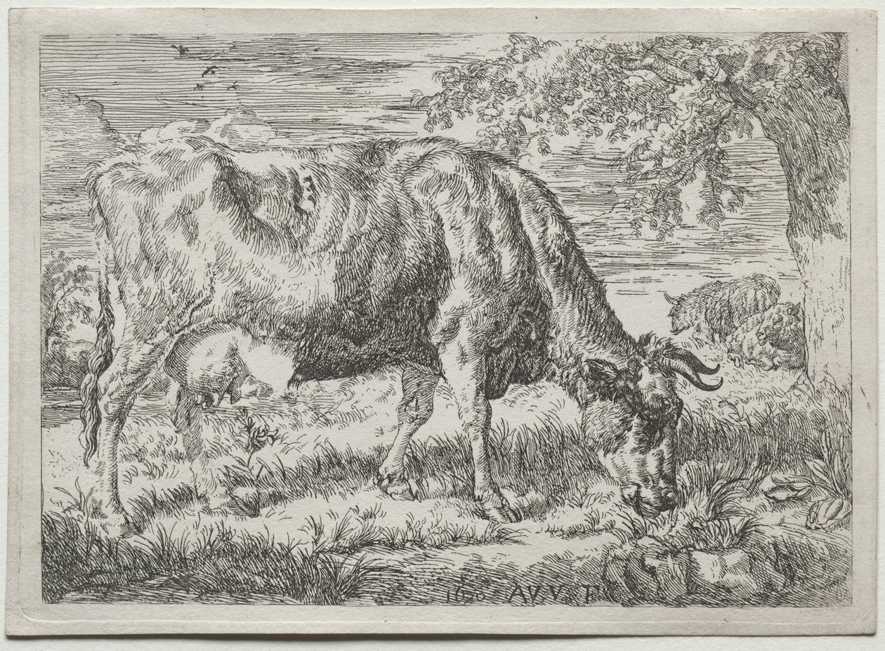 Ku og to sauer ved foten av et tre av Adriaen van de Velde