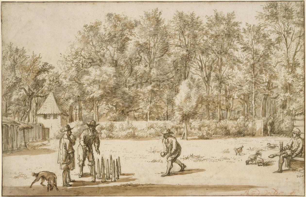 Tre menn som spiller kjegler av Adriaen van de Velde
