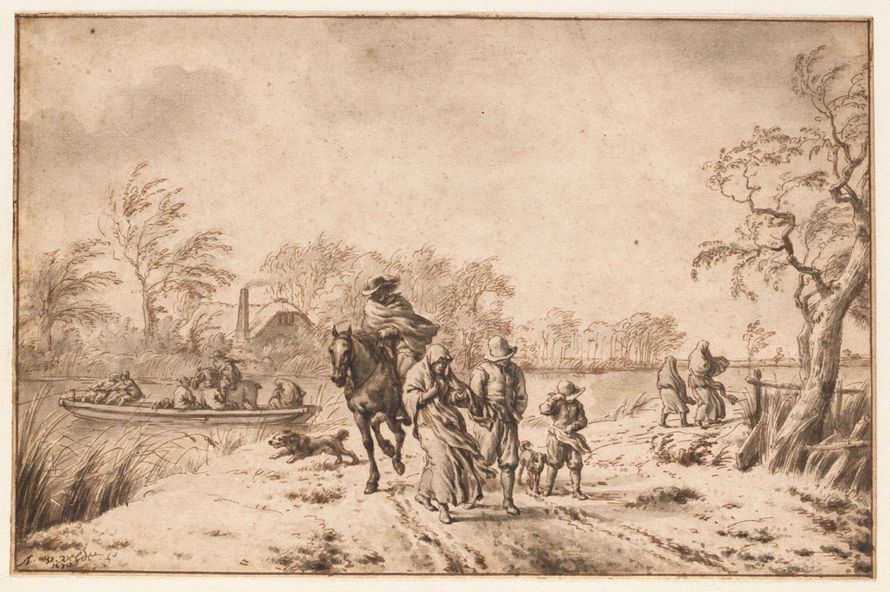 Høstlandskap med reisende og ferge av Adriaen van de Velde