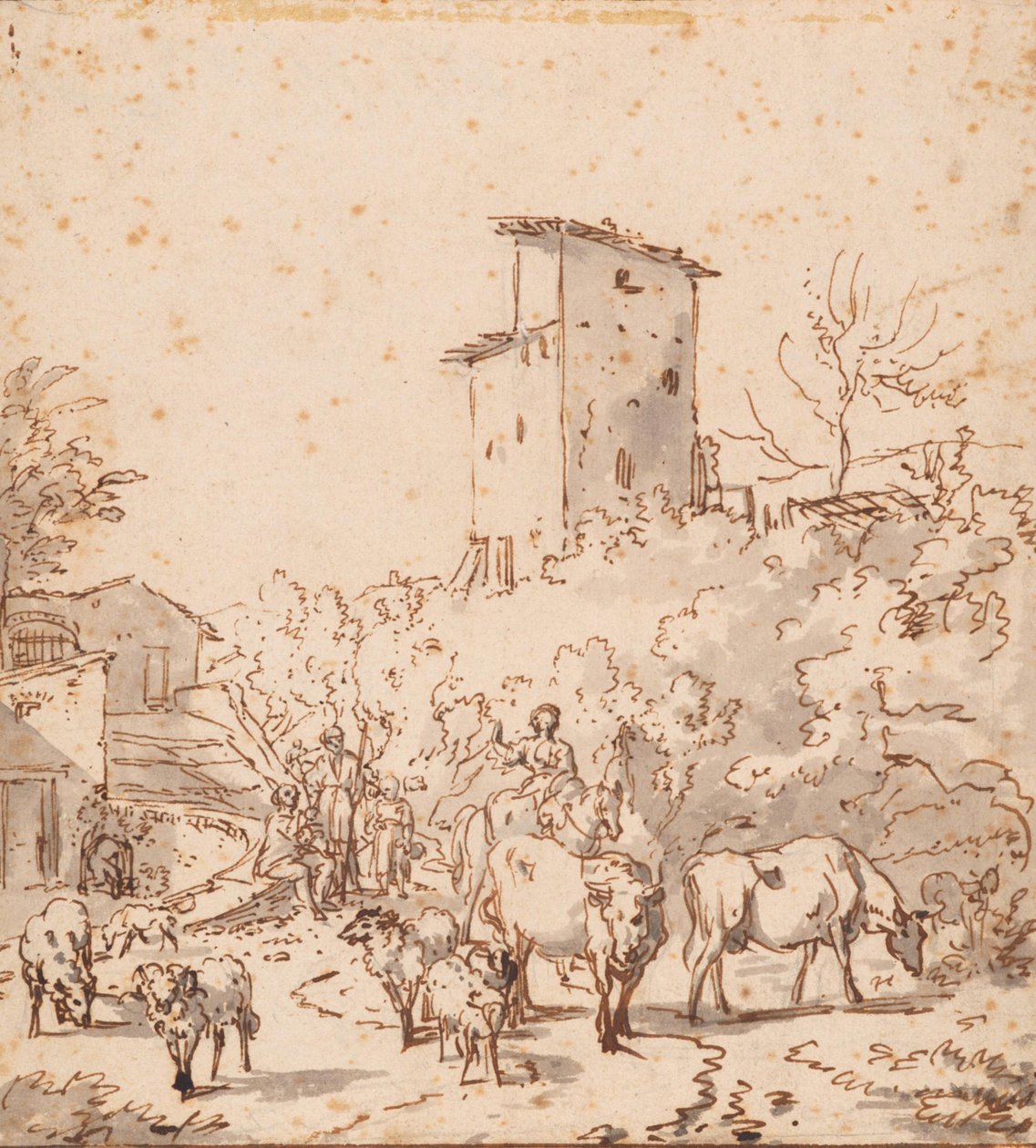 Italiensk landskap med mennesker og fe av Adriaen van de Velde