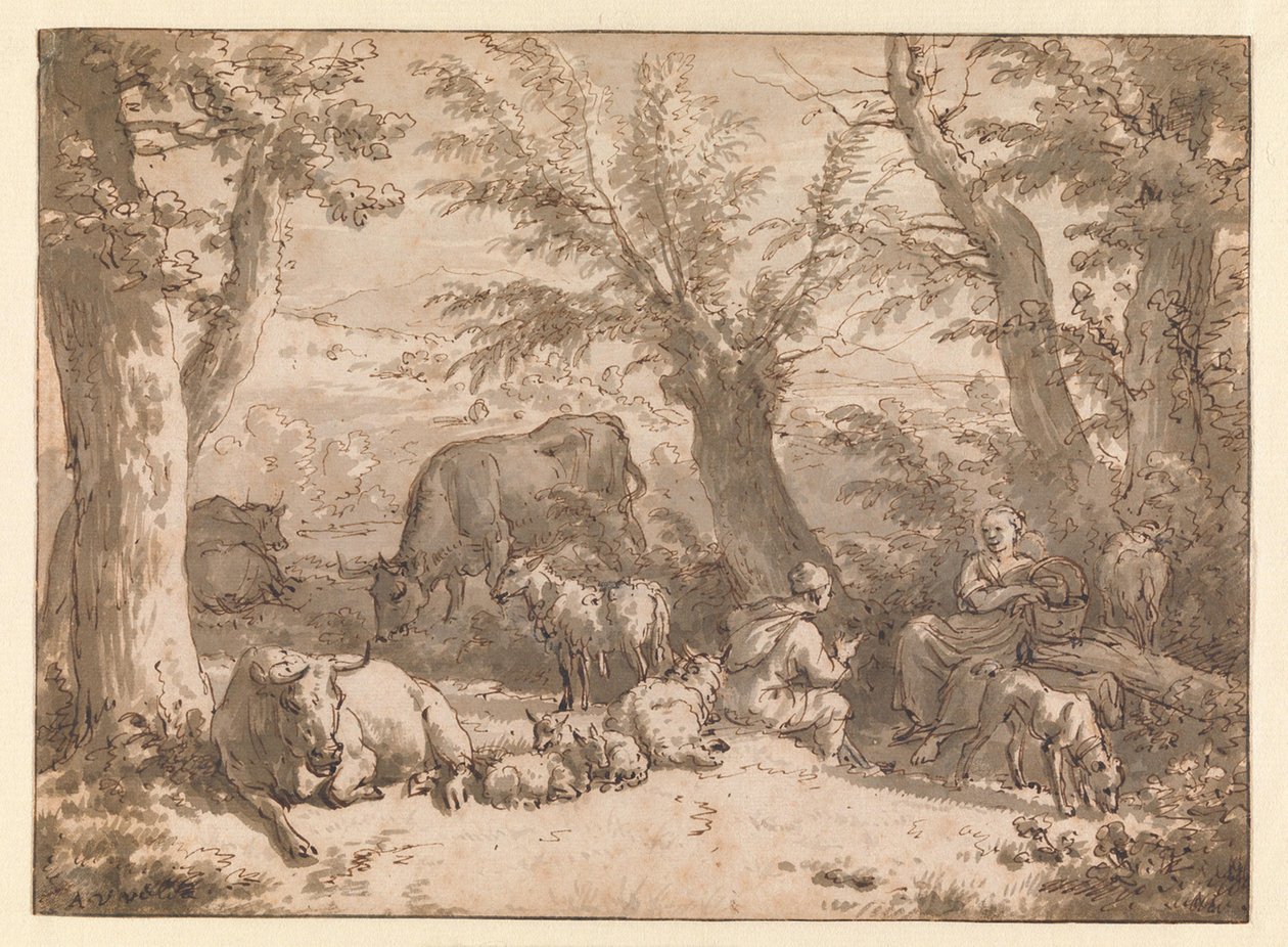 Landskap med gjeter, gjeterinne og kveg av Adriaen van de Velde