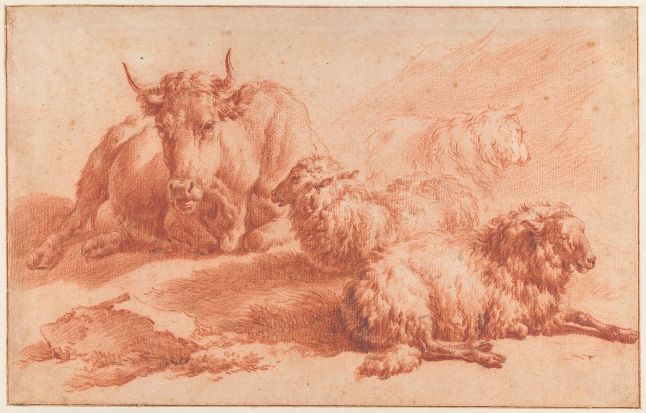 Liggende ku og tre sauer av Adriaen van de Velde