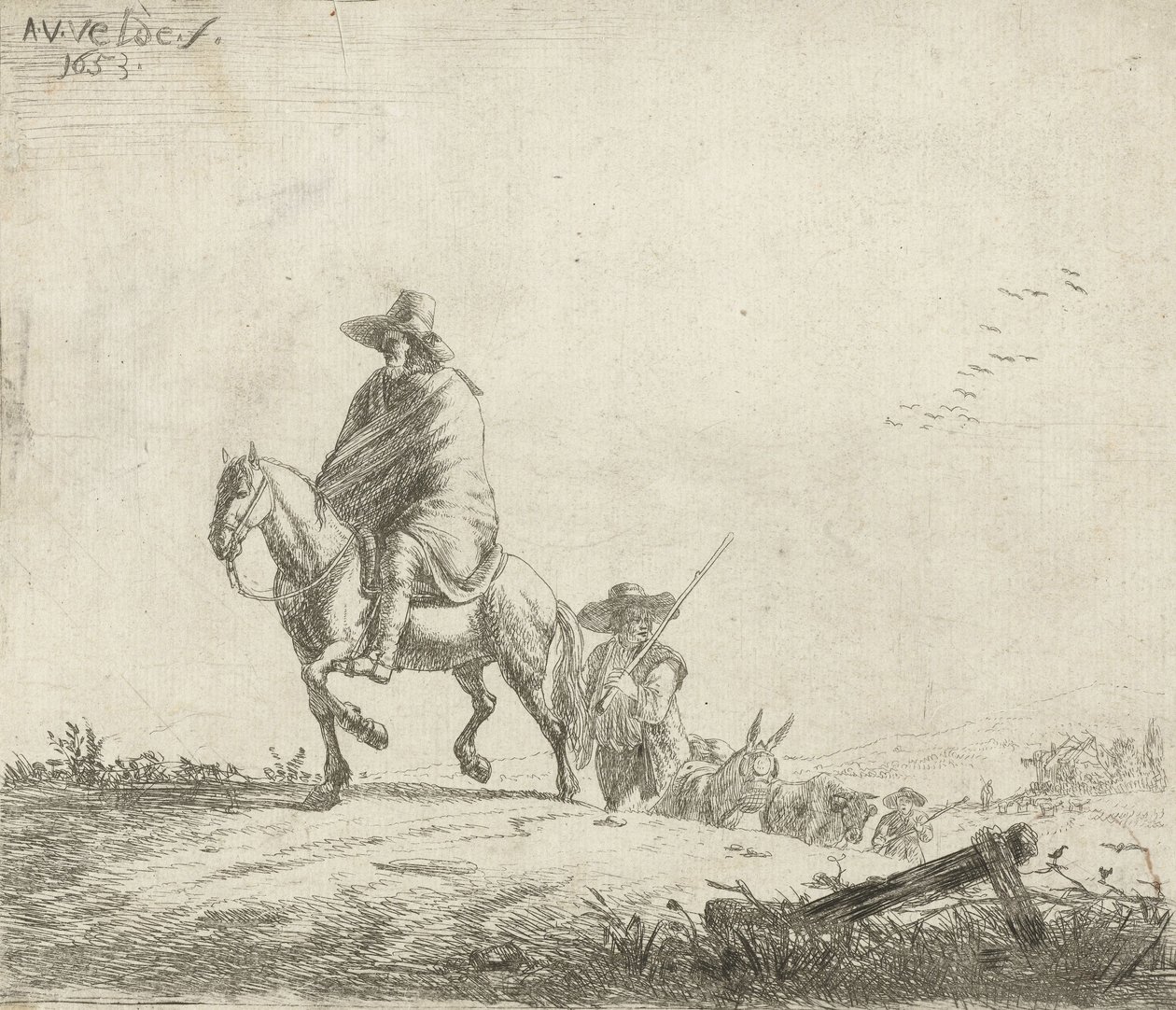 Rytter og gjeter med storfe på en grusvei, 1653 av Adriaen van de Velde