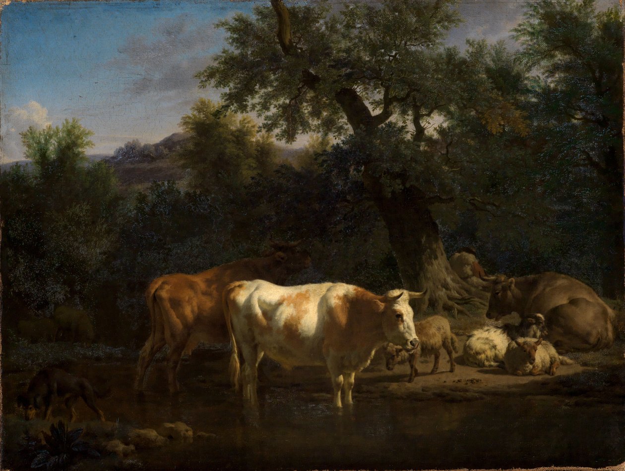 Storfe og sauer ved skogvann av Adriaen van de Velde