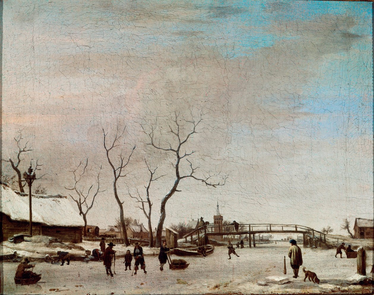 Riviere Gelee med skatere Maleri av Adriaen Van de Velde le jeune (1636-1672) 1668 Dim. 23x30 cm Paris, Musée du Louvre av Adriaen van de Velde