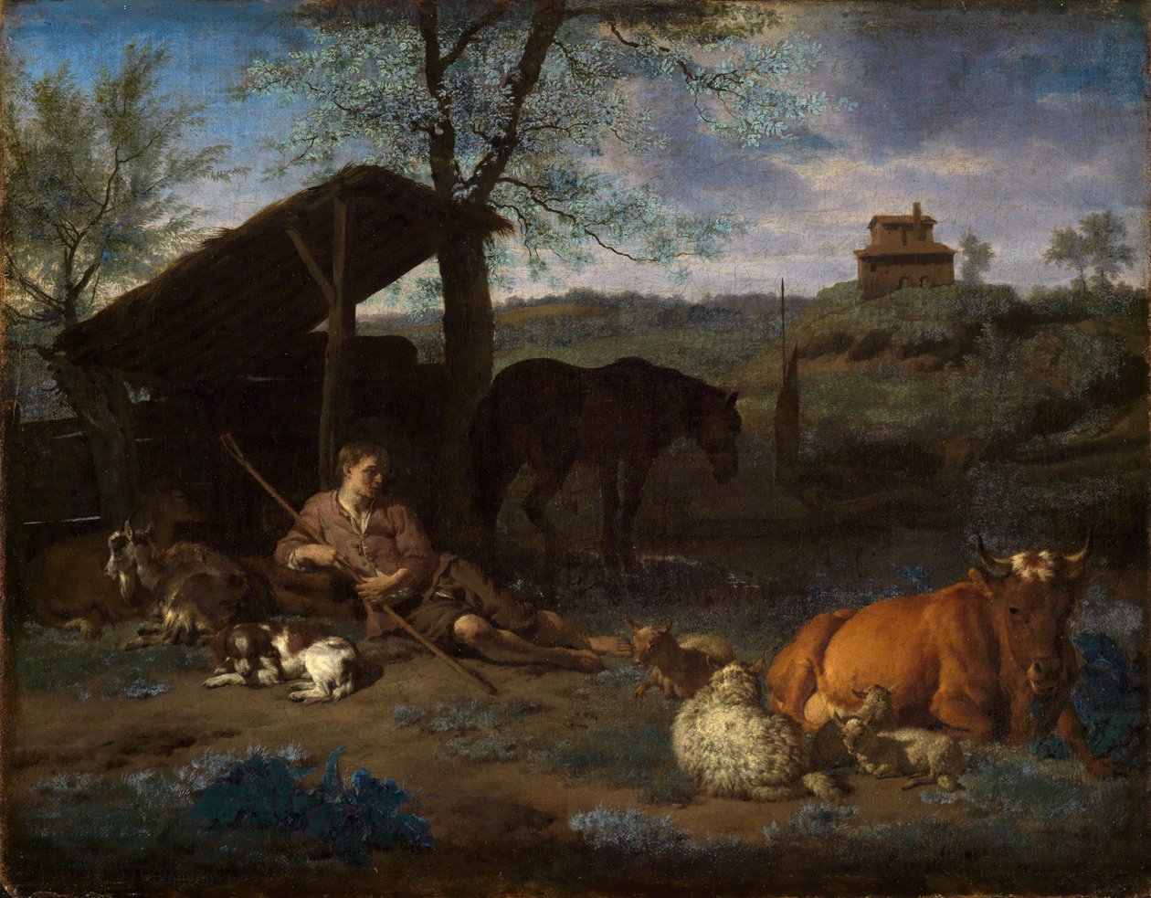 Hvilende gjeter med flokken sin av Adriaen van de Velde