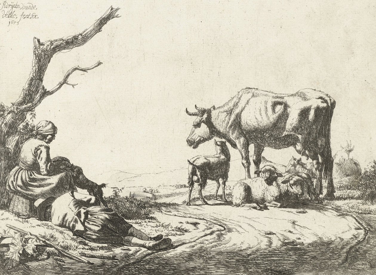 Hyrde og gjeterinne med storfe, 1653 av Adriaen van de Velde