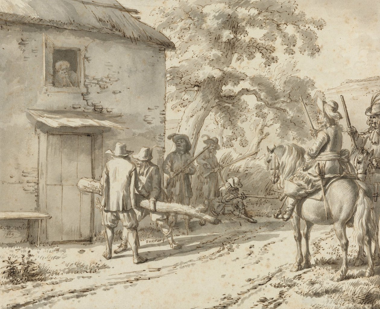 Soldater tvinger en dør, 1669 (penn- og blekktegning) av Adriaen van de Velde