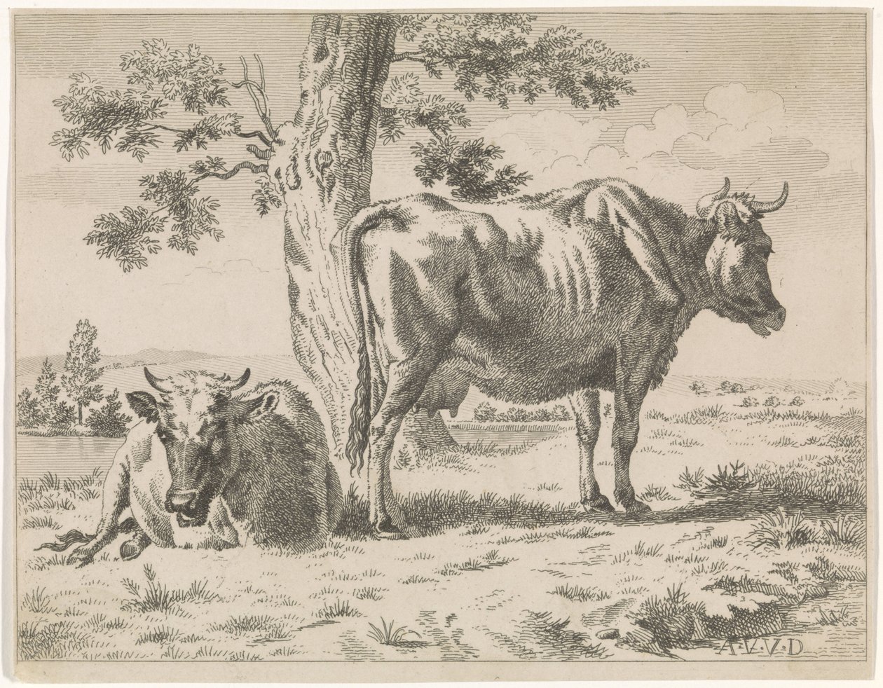 Two Cows by a Tree (serietittel) Beitende ku ved et tre og to sauer av Adriaen van de Velde