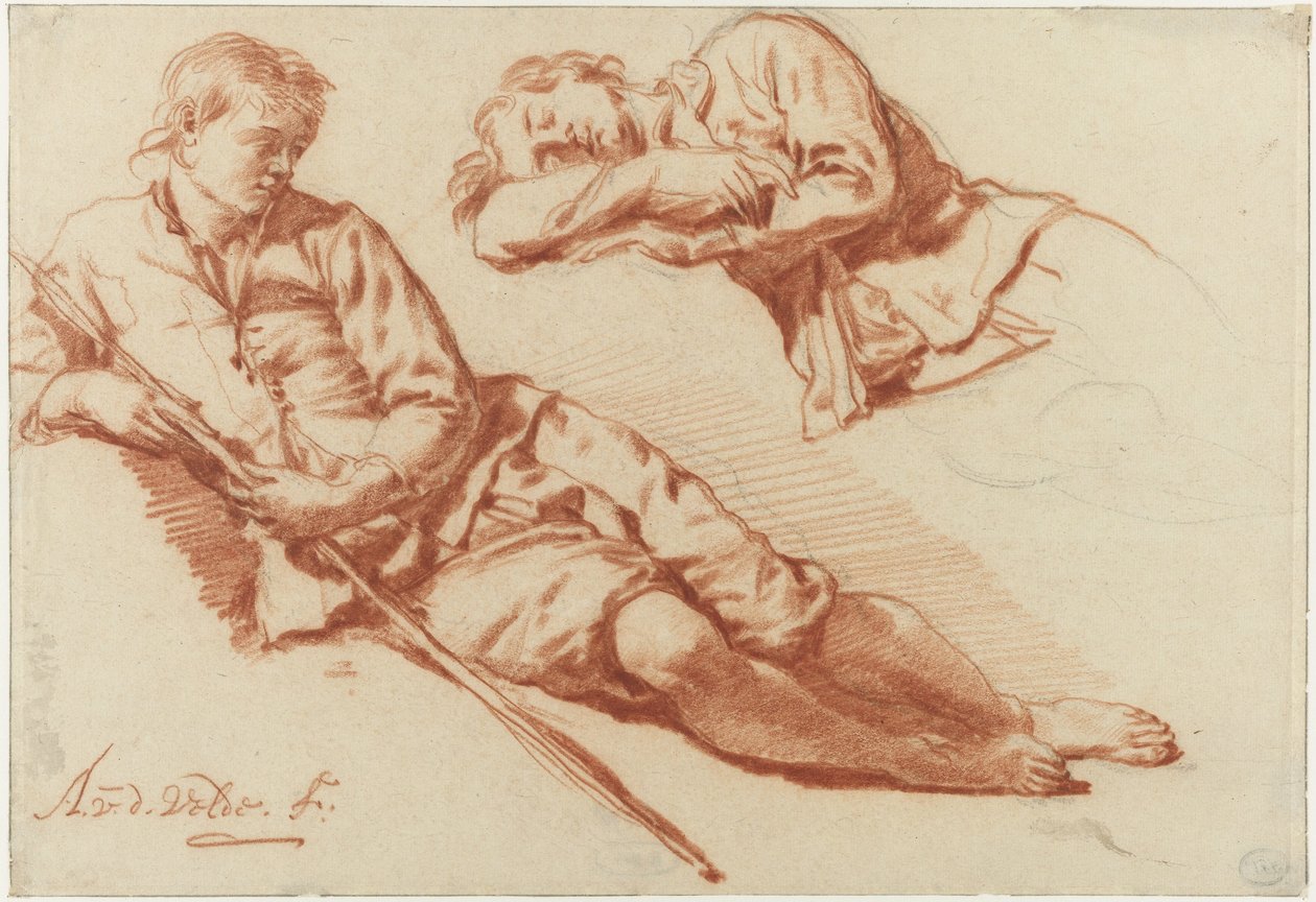 To studier av en hyrde som hviler To studier av en gjeter som ligger nede av Adriaen van de Velde
