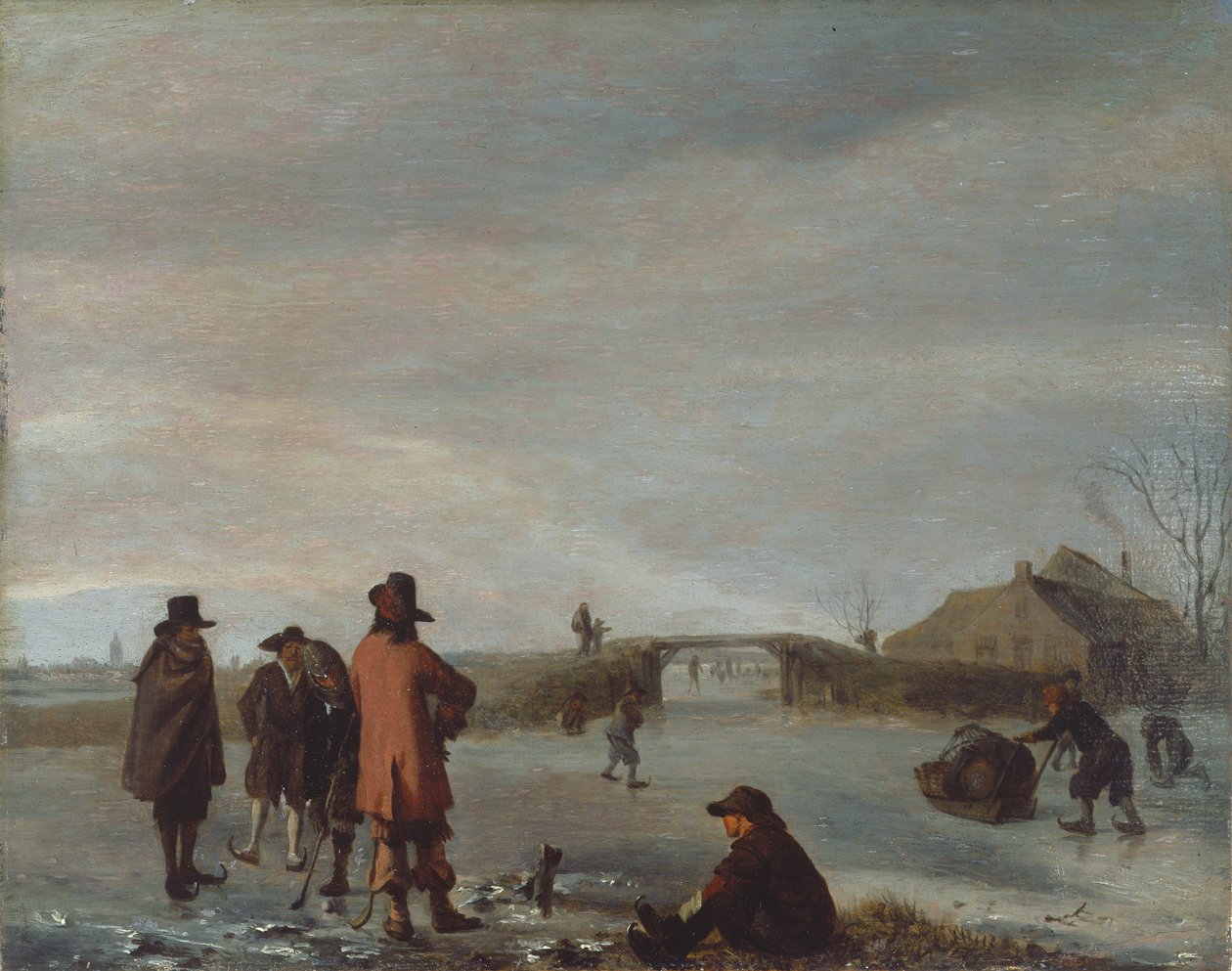 Vinterscene med en gruppe golfere på en frossen elv, ca. 1654-72 (olje på panel) av Adriaen van de Velde