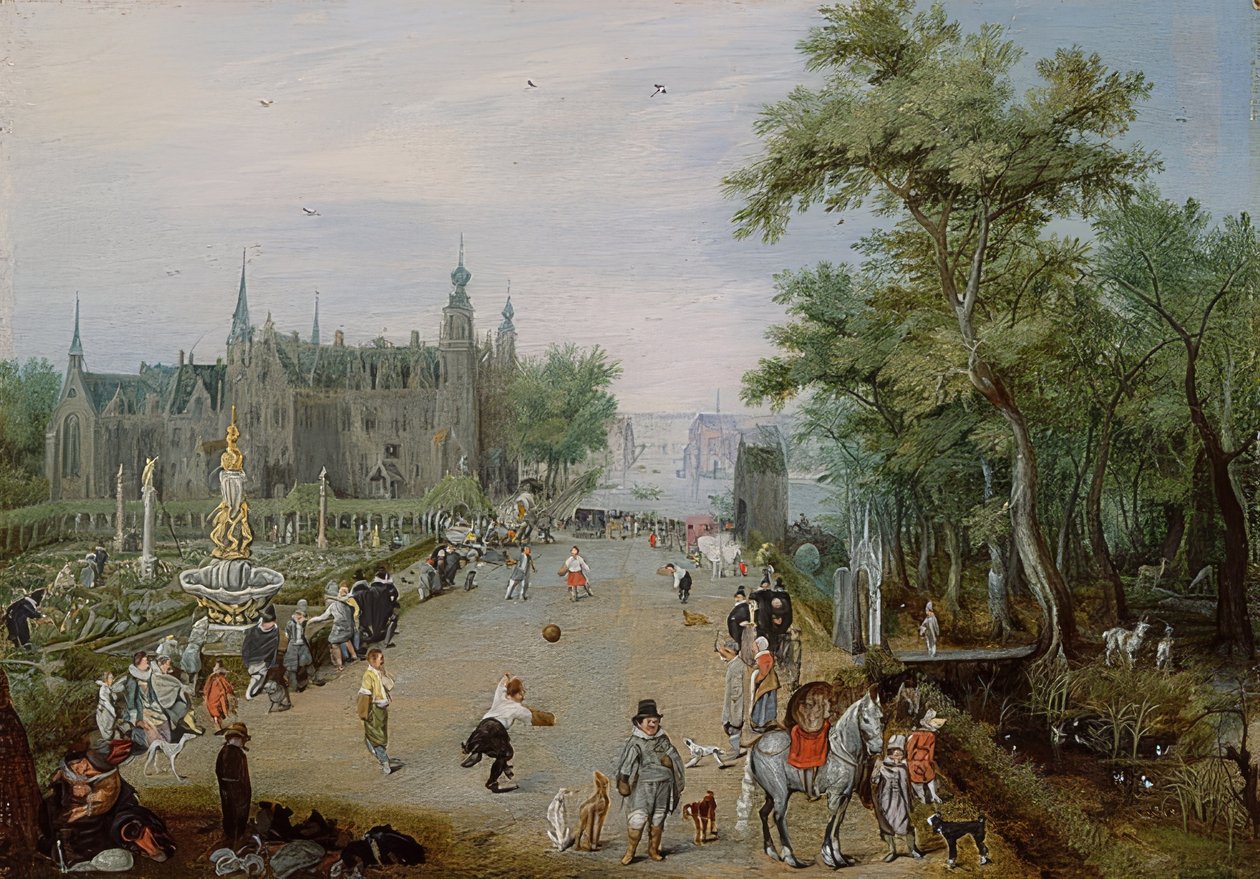 Jeu de Paume-spillet foran et palass. Rundt 1614 av Adriaen van de Venne