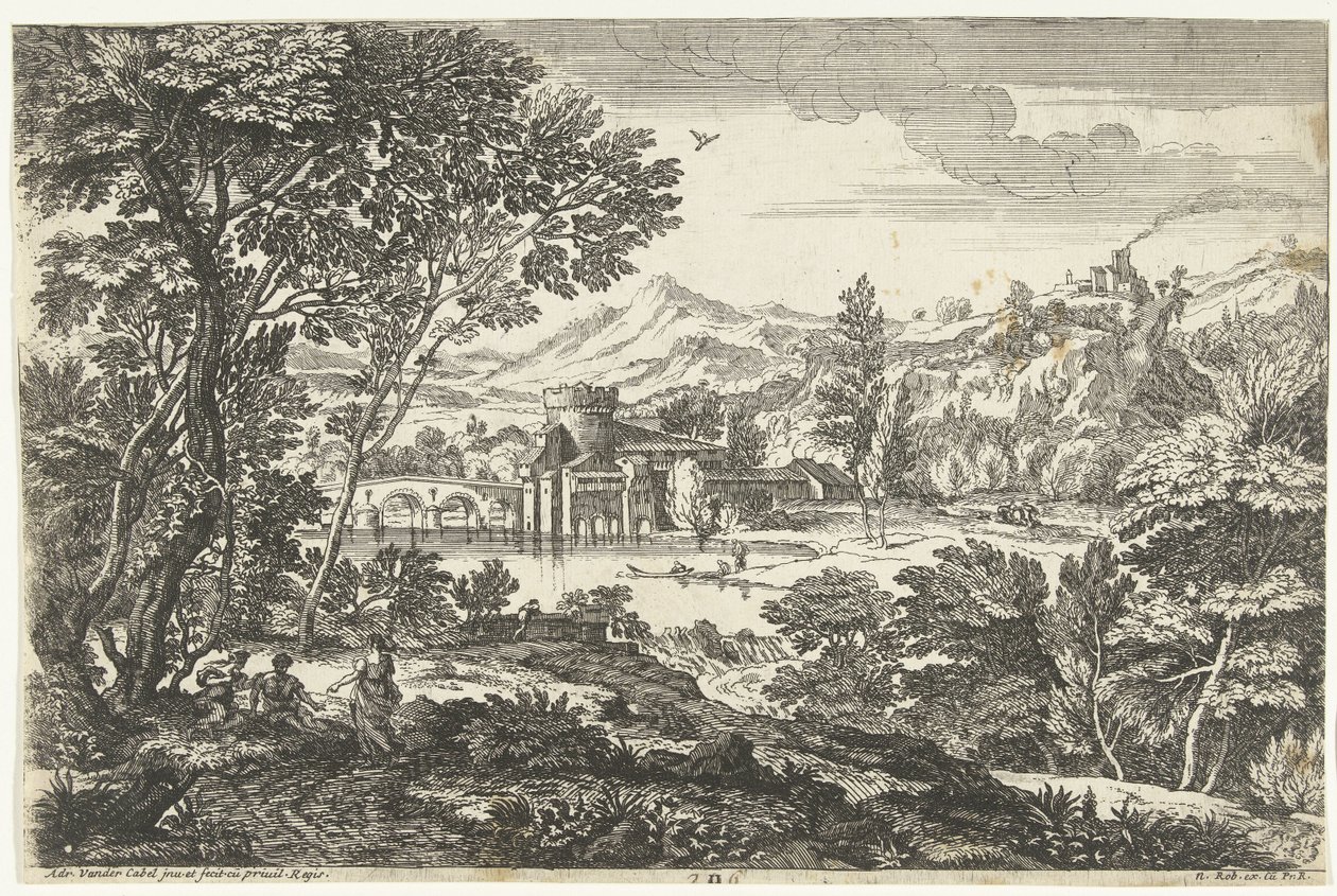 Landscape with Three People under a Tree Landscapes, serie fem (serietittel) av Adriaen van der Kabel