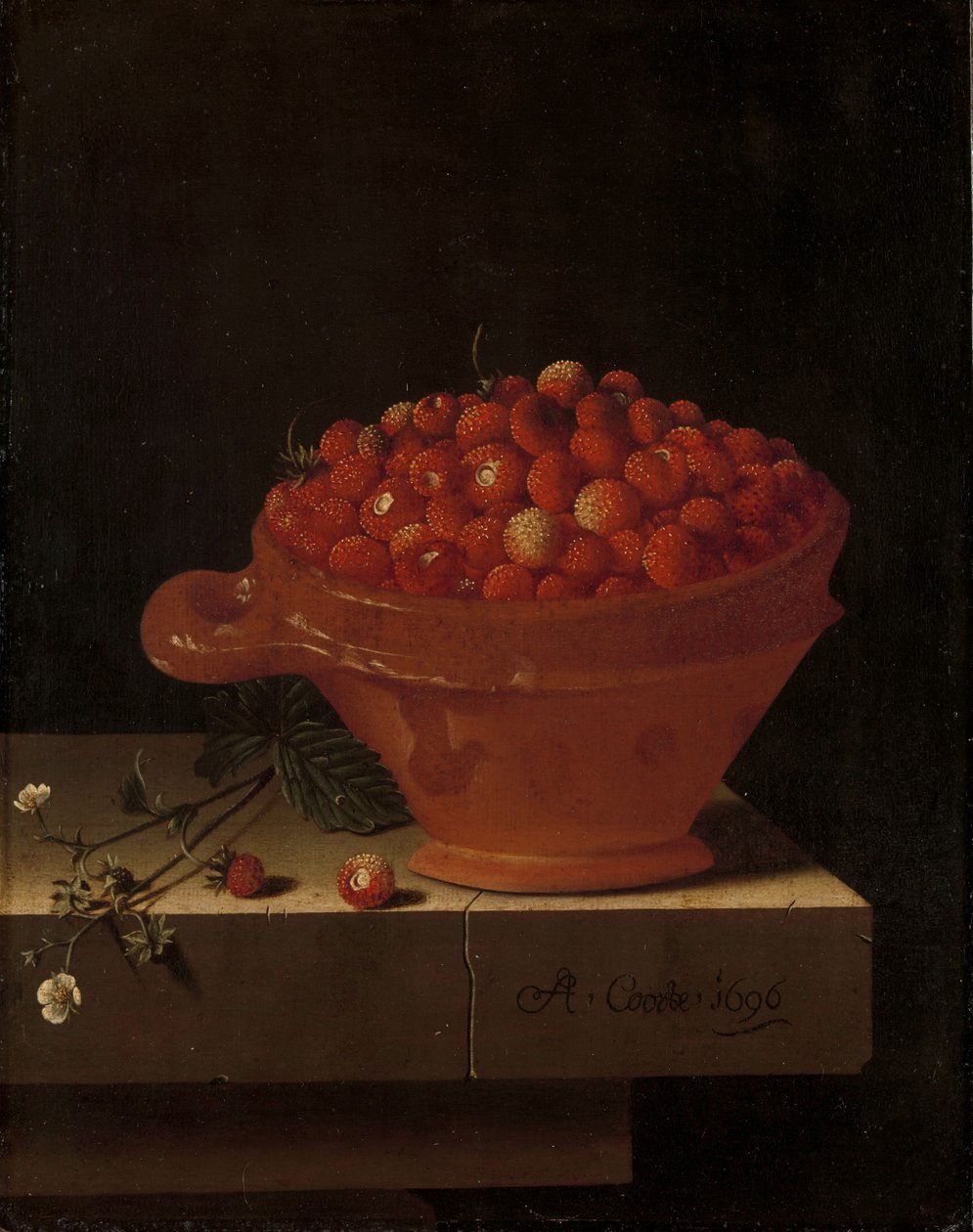 En skål med jordbær på en steinsokkel, 1696 av Adrian Coorte