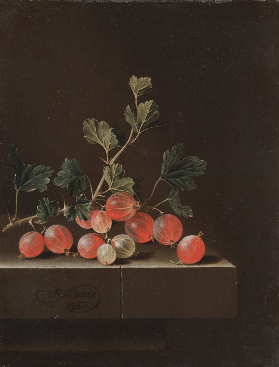 Stikkelsbær på et bord, 1701 av Adrian Coorte