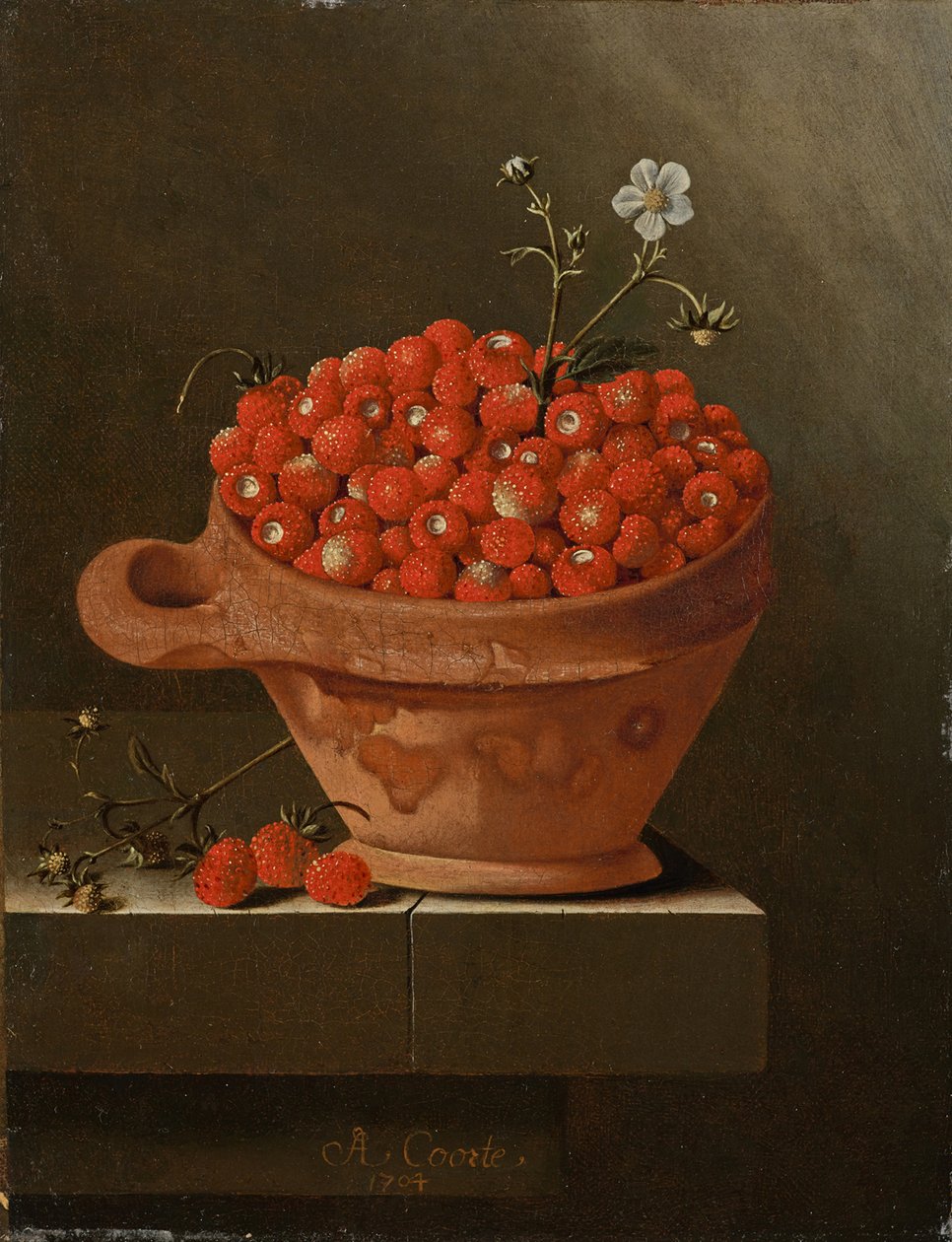 Stilleben med jordbær i en leirkrukke, 1704 av Adrian Coorte