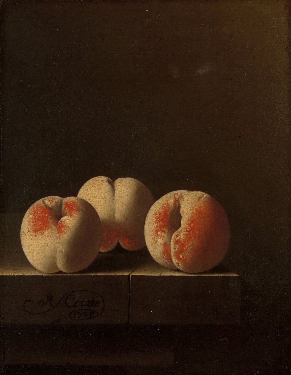 Tre ferskener på en steinsokkel, 1705 av Adrian Coorte