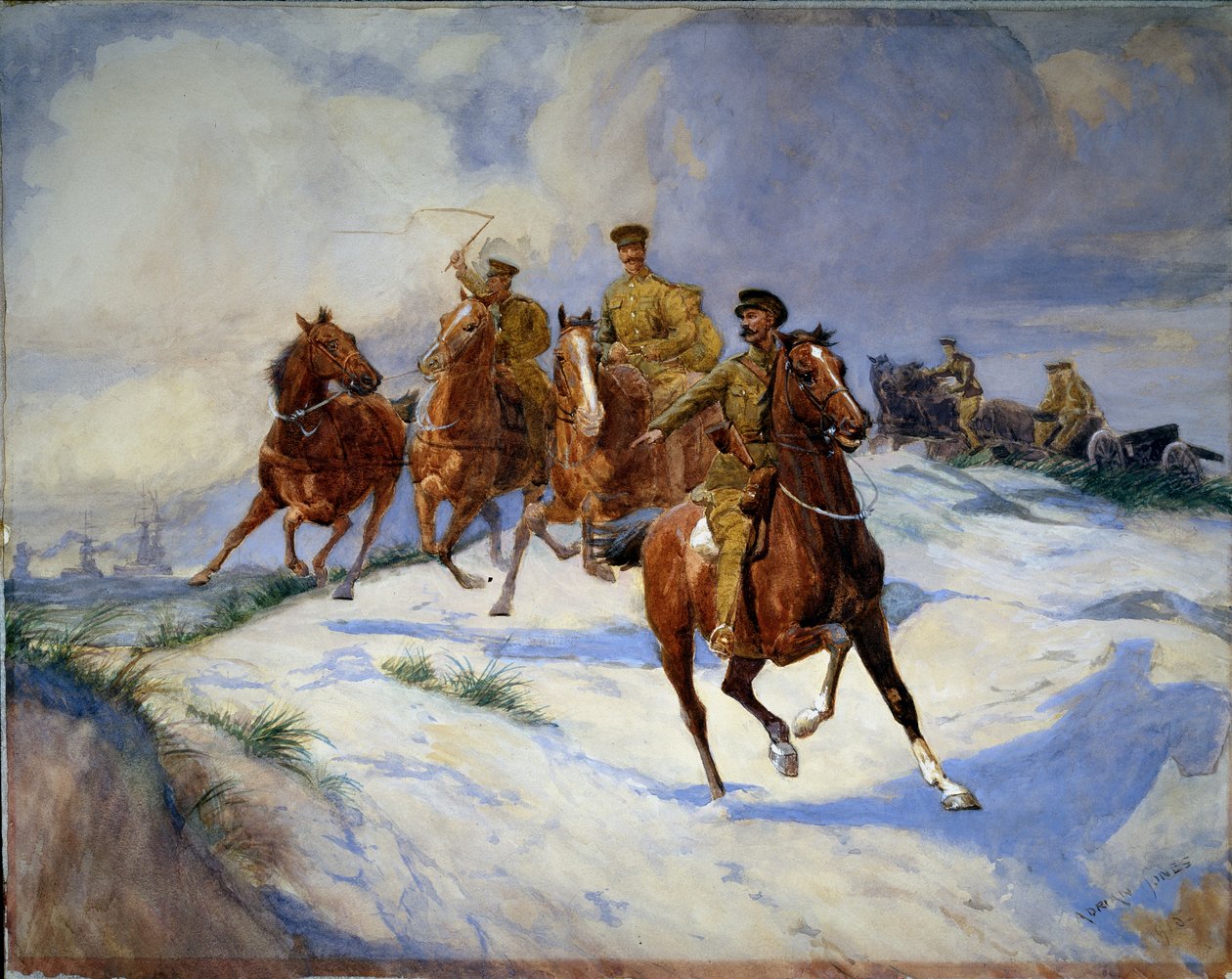 Artilleri på sanddynene, Flandern, 1915 av Adrian Jones