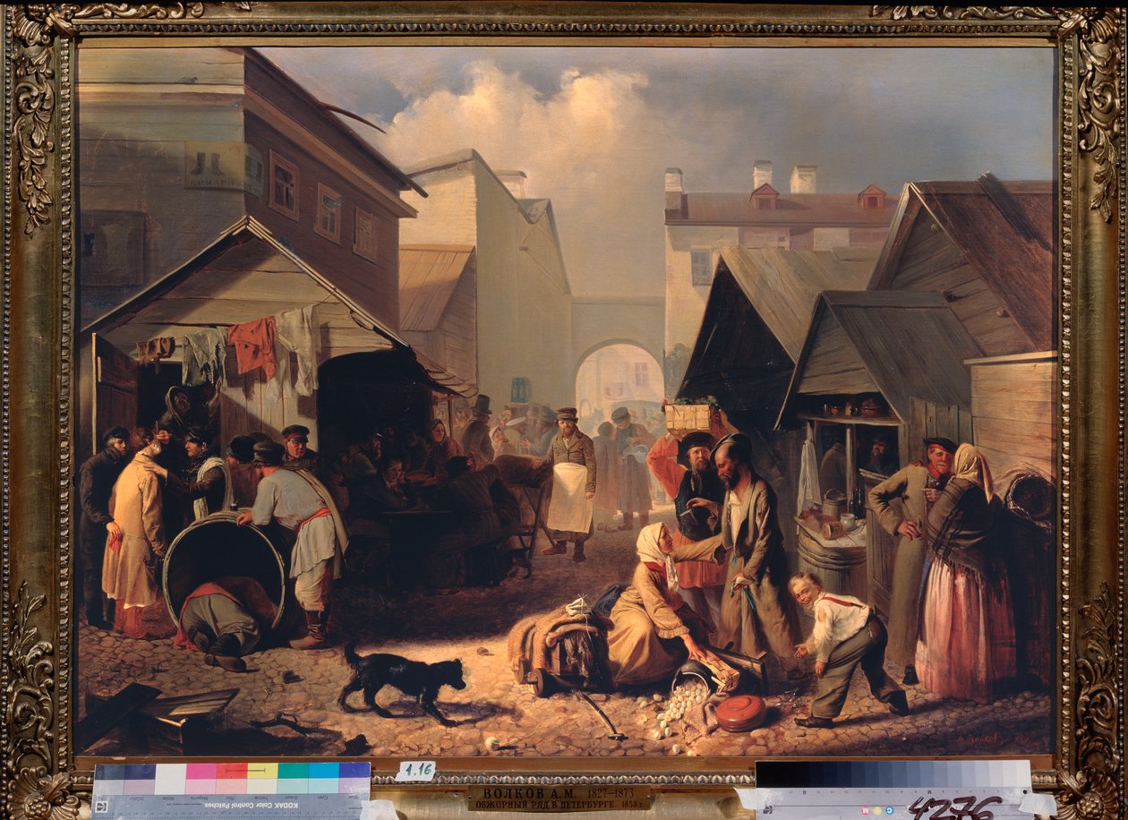 Buvette a Saint Petersburg (Refreshment Stall in St Petersburg) - Maleri av Adrian Markovich Volkov (1827-1873), olje på lerret av Adrian Markovich Volkov