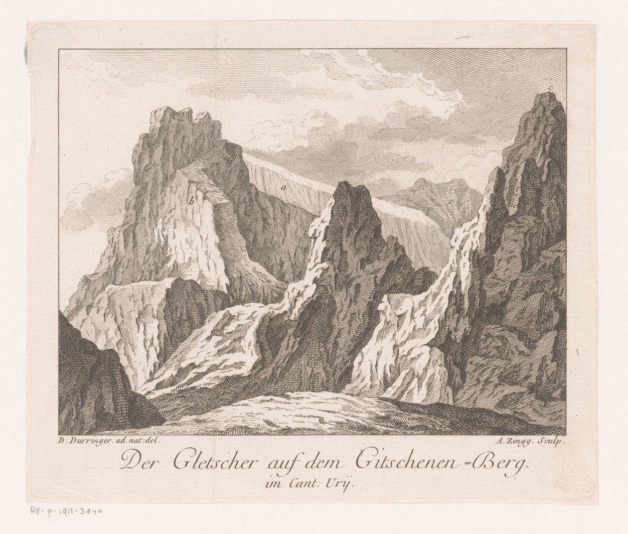 Utsikt over en isbre i Alpene Der Gletscher auf dem Gitschenen-Berg (tittel på objekt) av Adrian Zingg