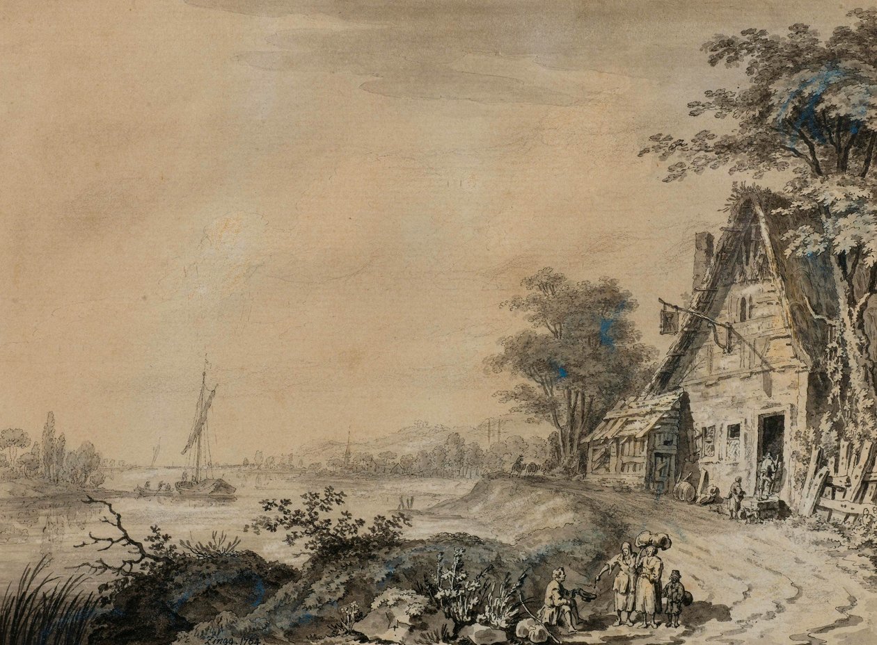 Elvelandskap med figurer ved et vertshus av Adrian Zingg