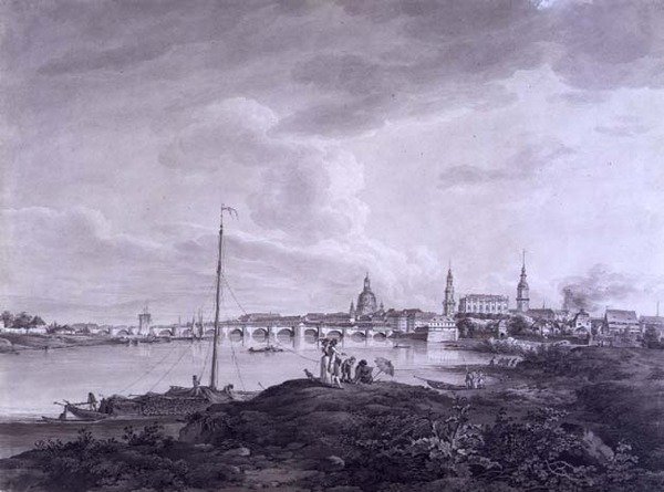 Utsikt over Dresden, ca. 1788 (blekk og vask over grafitt på papir) av Adrian Zingg