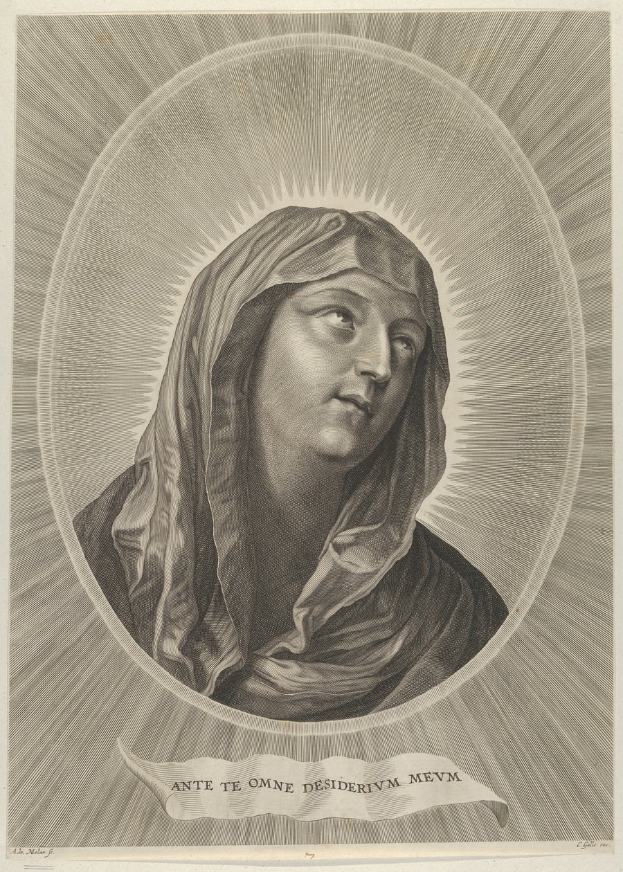 Jomfruens hode ser opp til høyre, i en oval ramme, etter Reni, ca. 1..., ca. 1650-67. av Adrian van Melar