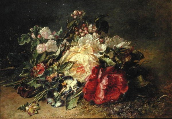 Stilleben med roser og stemorsblomster (olje på lerret) av Adriana Joanna Haanen