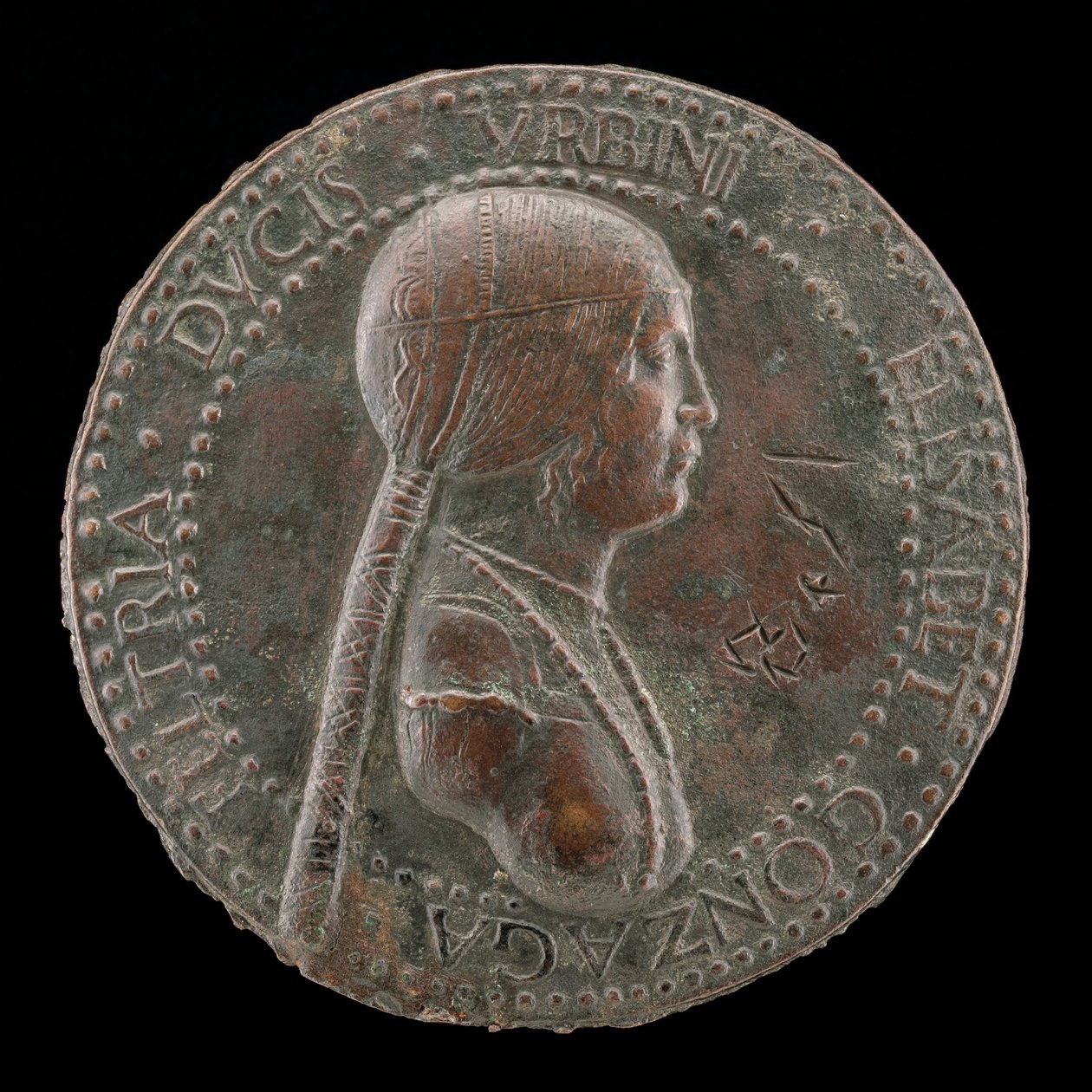 Elisabetta Gonzaga, død 1528, hertuginne av Urbino, kone til Guidobaldo I 1489 [obv], sannsynligvis etter 15 av Adriano Fiorentino