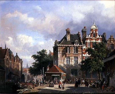 En nederlandsk gatescene av Adrianus Eversen