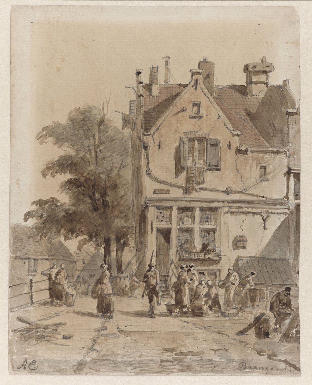Utsikt over en bro over Baangracht i Amsterdam, med matleverandører Baangracht (tittel på objekt) av Adrianus Eversen