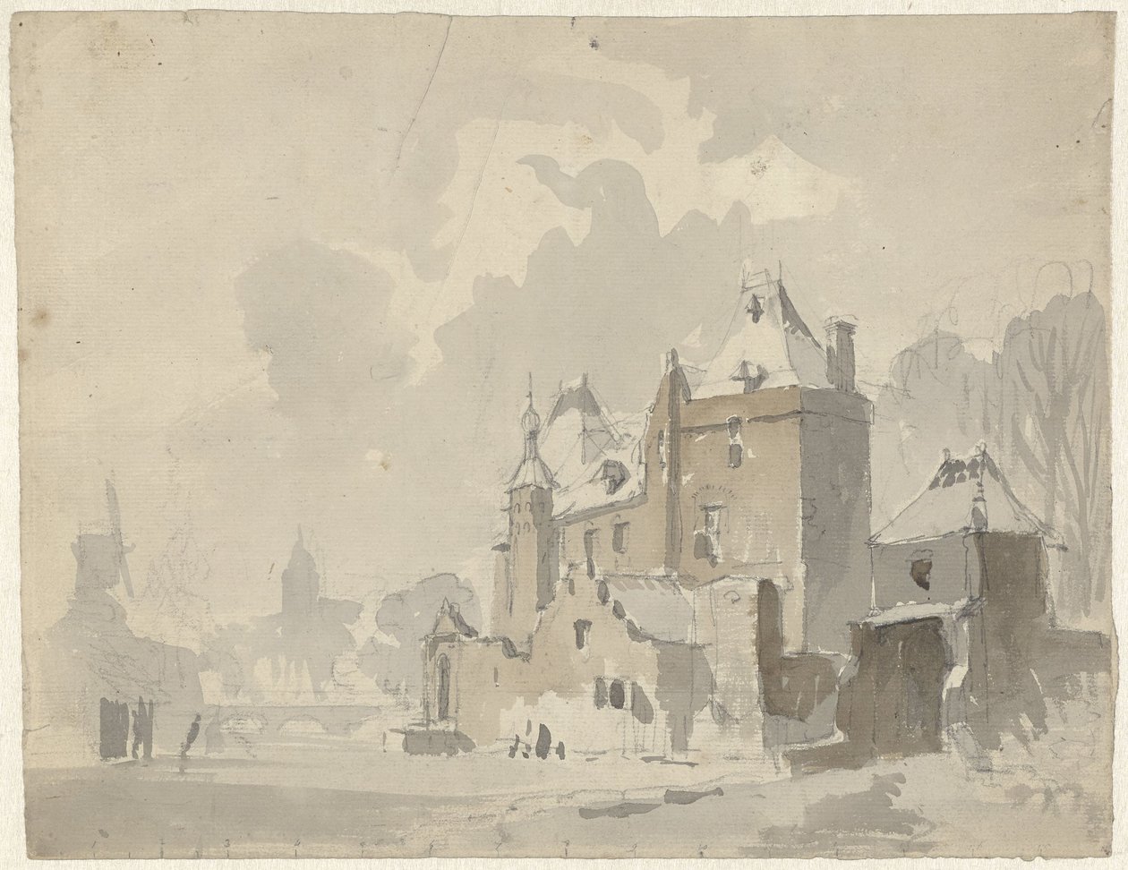 Utsikt over et tenkt(?) slott nær en by av Adrianus Eversen