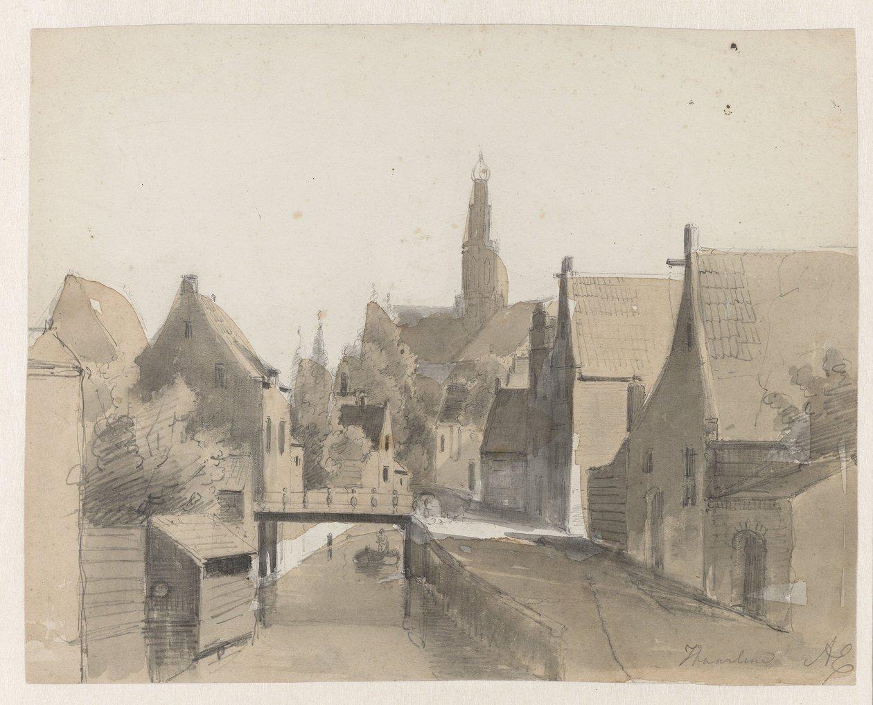 Utsikt over en kanal i Haarlem, i bakgrunnen St. Bavo Haarlem (tittel på objekt) av Adrianus Eversen