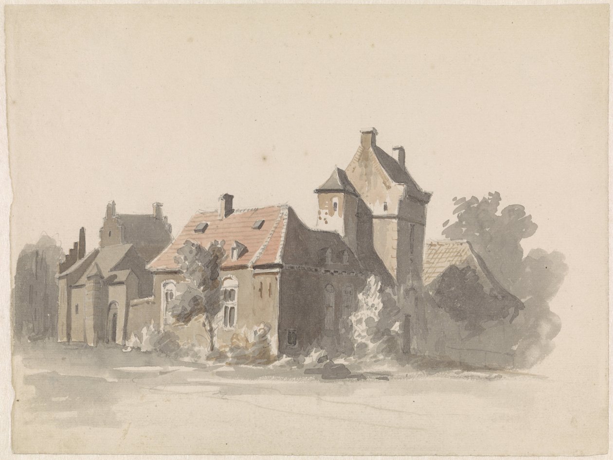 Utsikt over en gruppe hus med en byport(?) av Adrianus Eversen