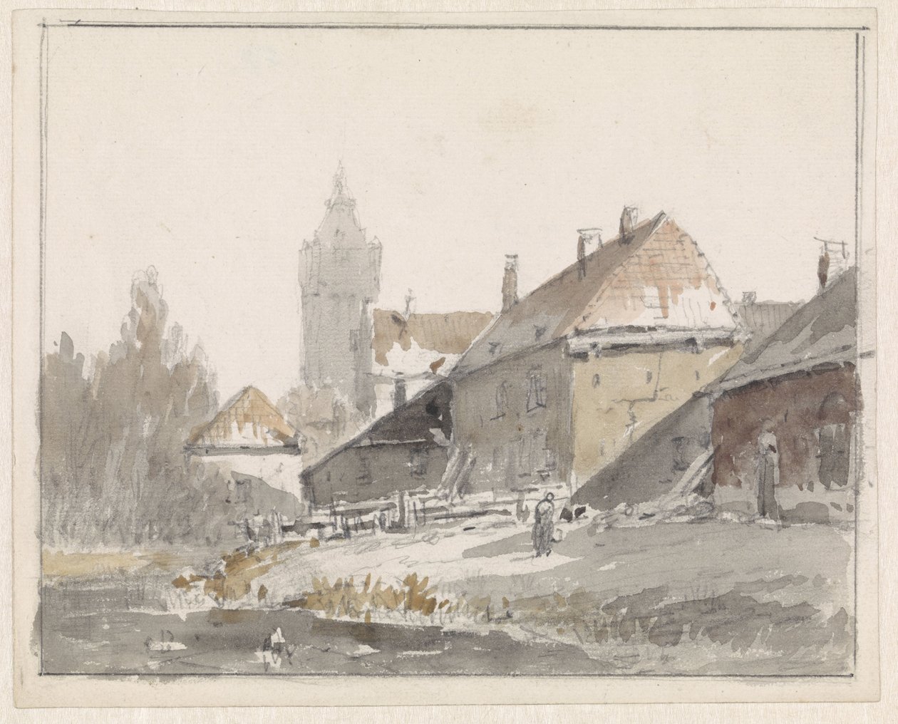 Utsikt over hus i utkanten av en by av Adrianus Eversen