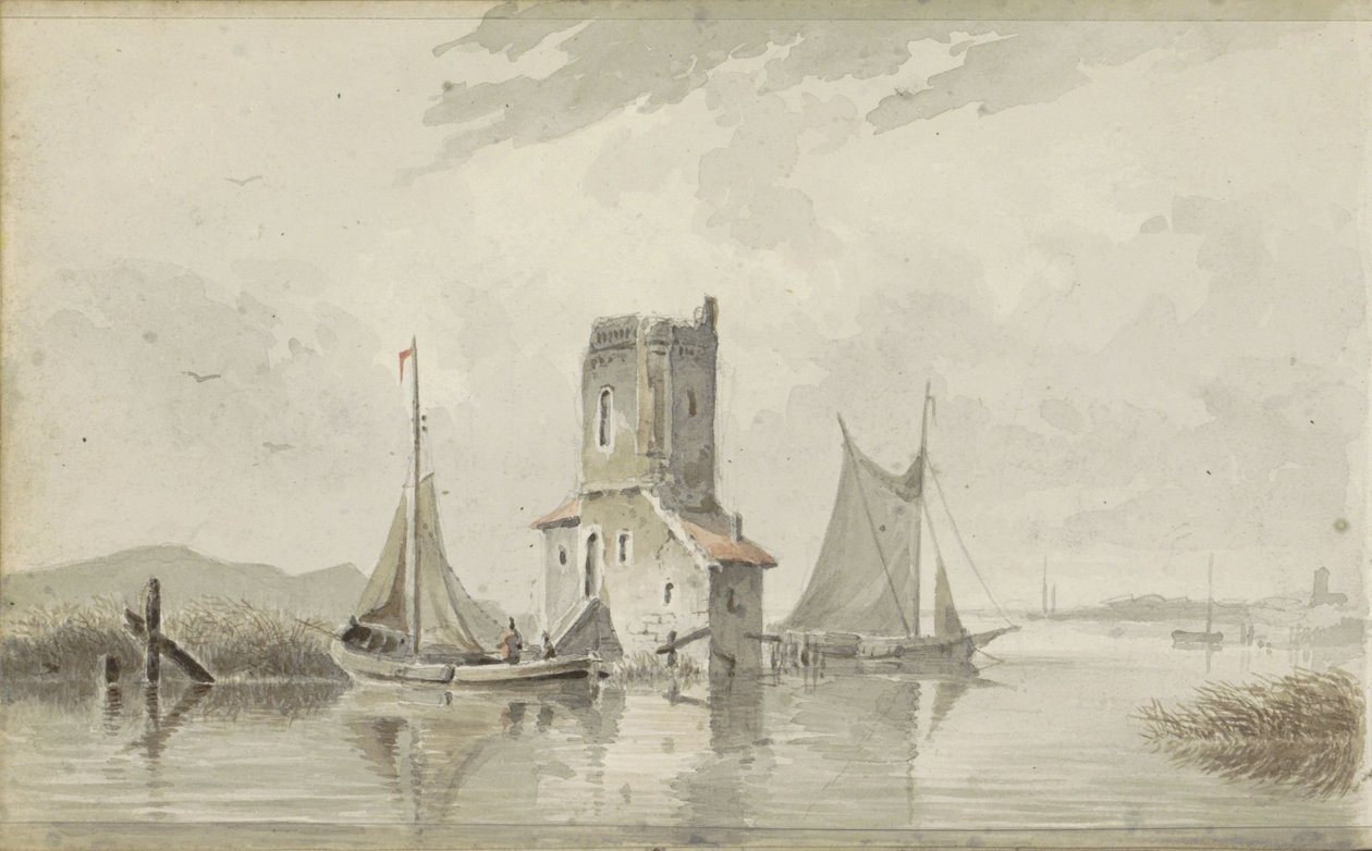 Elvelandskap med tårn av Adrianus Eversen