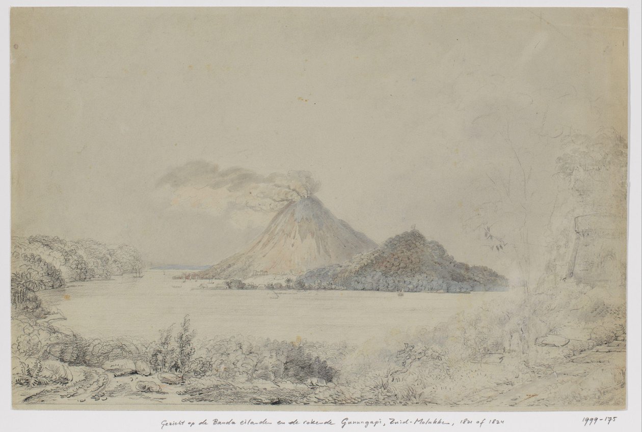 Utsikt fra Lontar på Banda Neira og røyking Gunungapi, Banda Islands, Central Maluku av Adrianus Johannes Bik