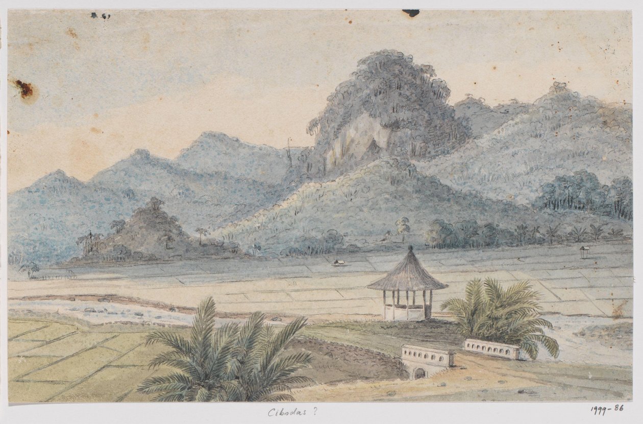 Landskap ved Cibodas med bro og paviljong, Vest-Java av Adrianus Johannes Bik