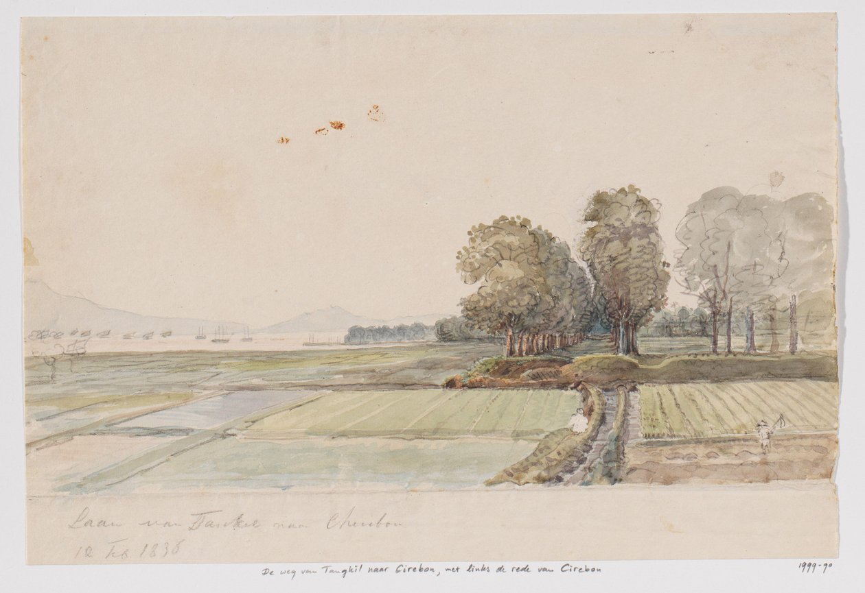 Landskap med vei fra Tangkil til Cirebon og utsikt over veigården (ankeret) i Cirebon, Vest-Java av Adrianus Johannes Bik