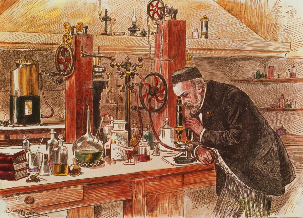 Louis Pasteur eksperimenterer for å kurere hydrofobi i laboratoriet sitt, ca. 1885, pub. ca. 1895 (trykk) av Adrien Emmanuel Marie