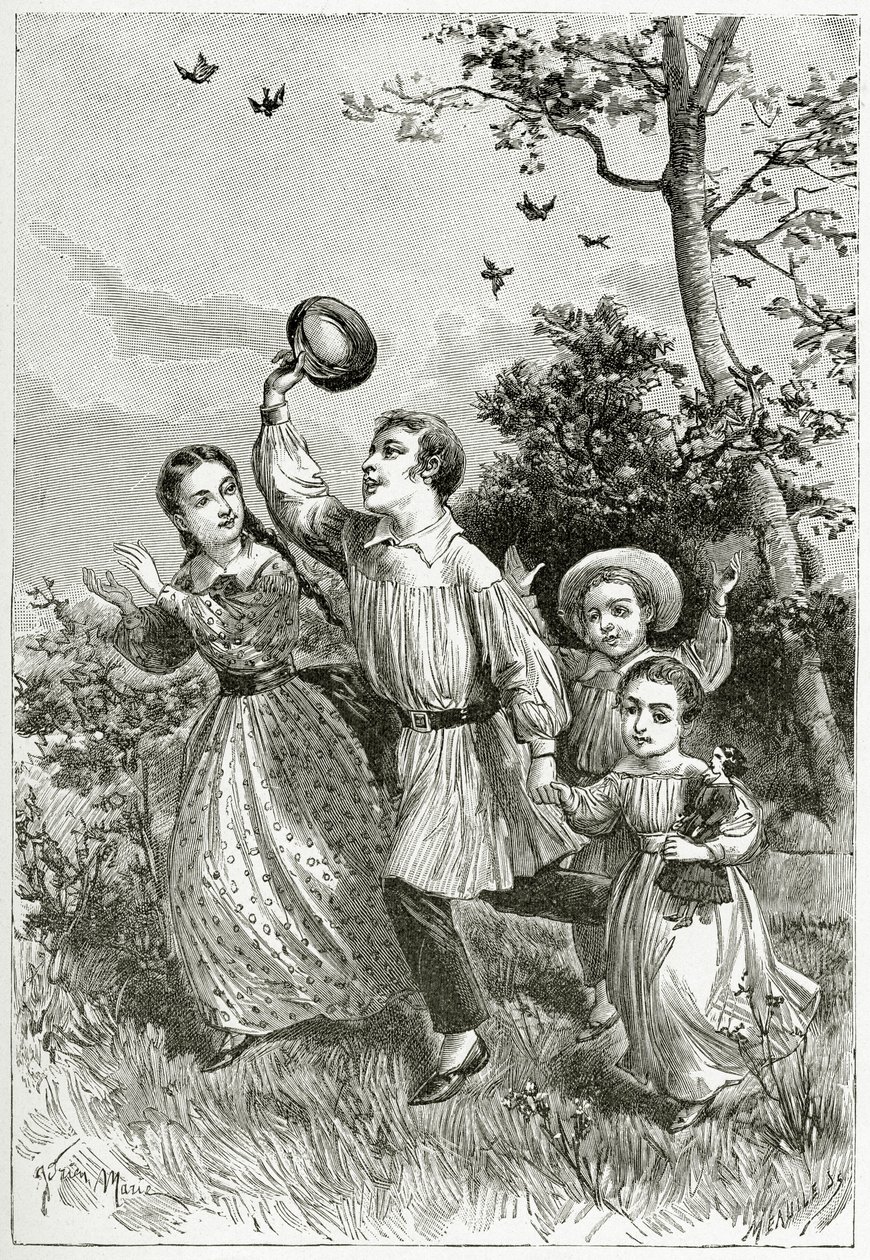 Familien, 1800-tallet (bw-gravering) av Adrien Emmanuel Marie