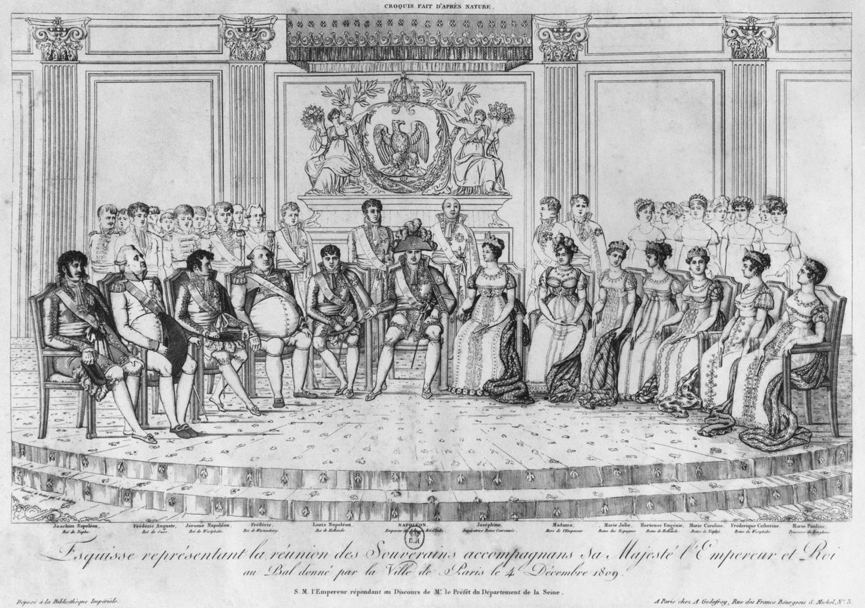 Skisse som skildrer Napoleon I og suverene ved ballet gitt av byen Paris 4. desember 1809 av Adrien Pierre Francois Godefroy