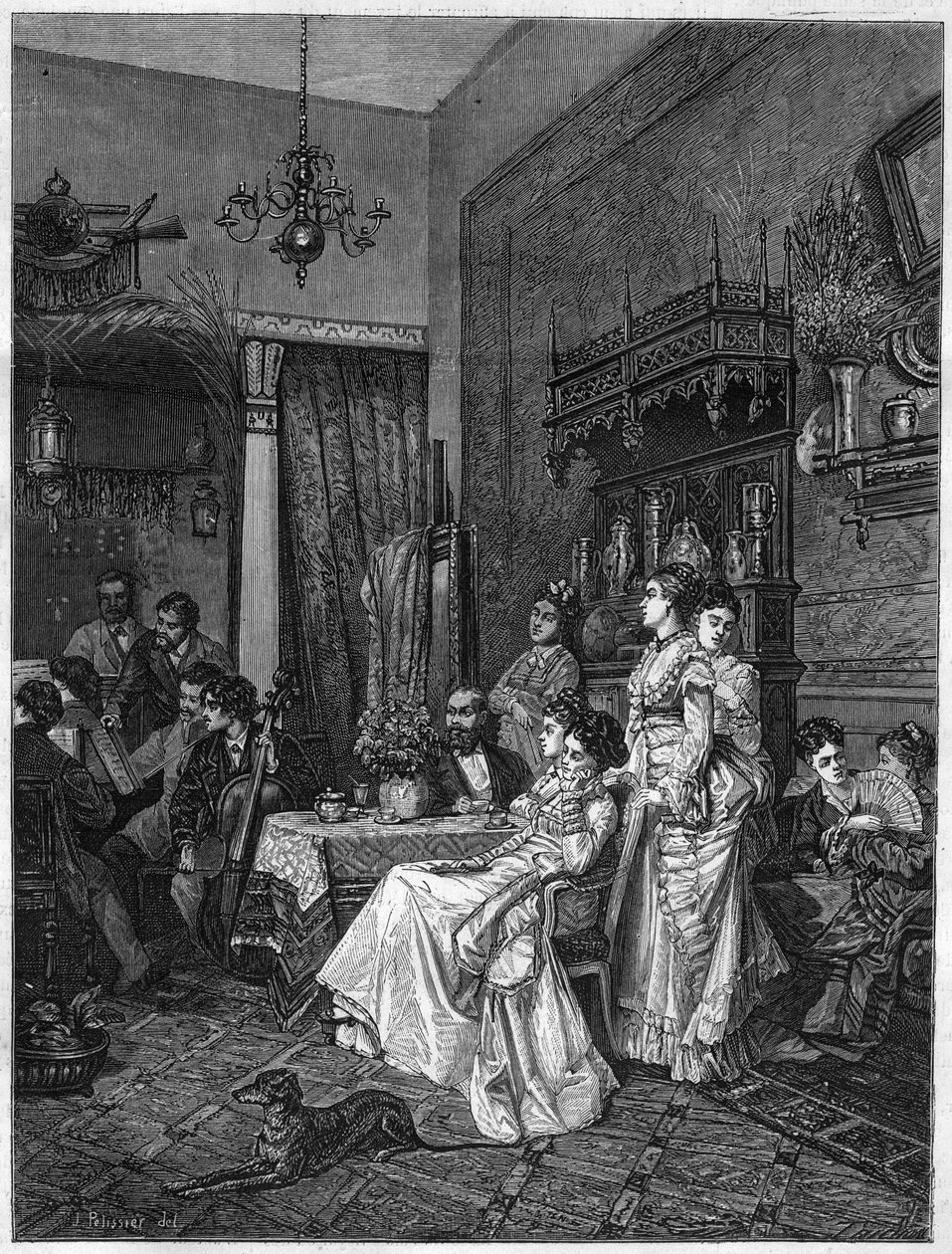 Amatørkonsert i en artists studio. Gravering etter maleriet av Adrien Moreau (1843-1906) i "The Illustrous Universe"" av Adrien (after) Moreau