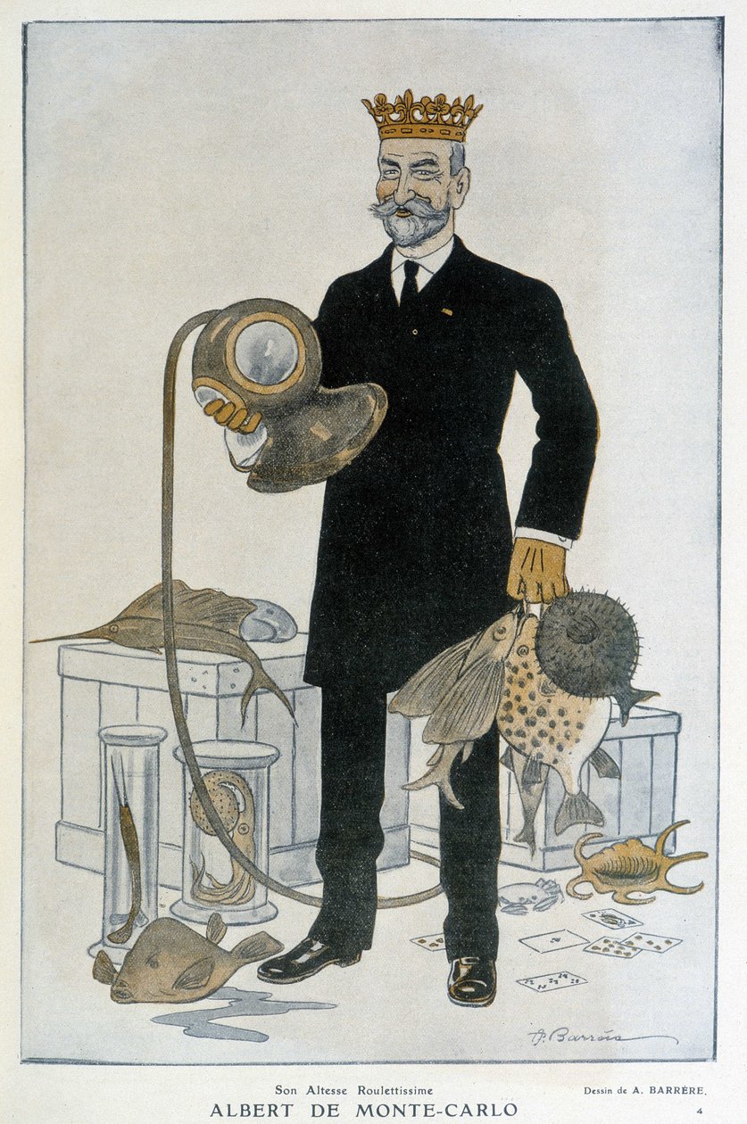 Albert 1er de Monaco (1848-1922), grunnlegger av Oceanographic Museum of Monte Carlo - Illustrasjon av Adrien Barrere (1877-1931) In Fantasio 15.04.1914 av Adrien Barrere